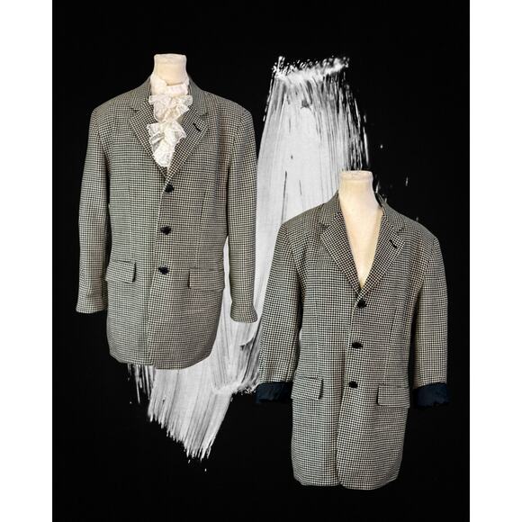 Vintage 90s DKNY Black Ivory 100% Wool Houndstooth Equestrian Blazer Coat 10 - Picture 1 of 4